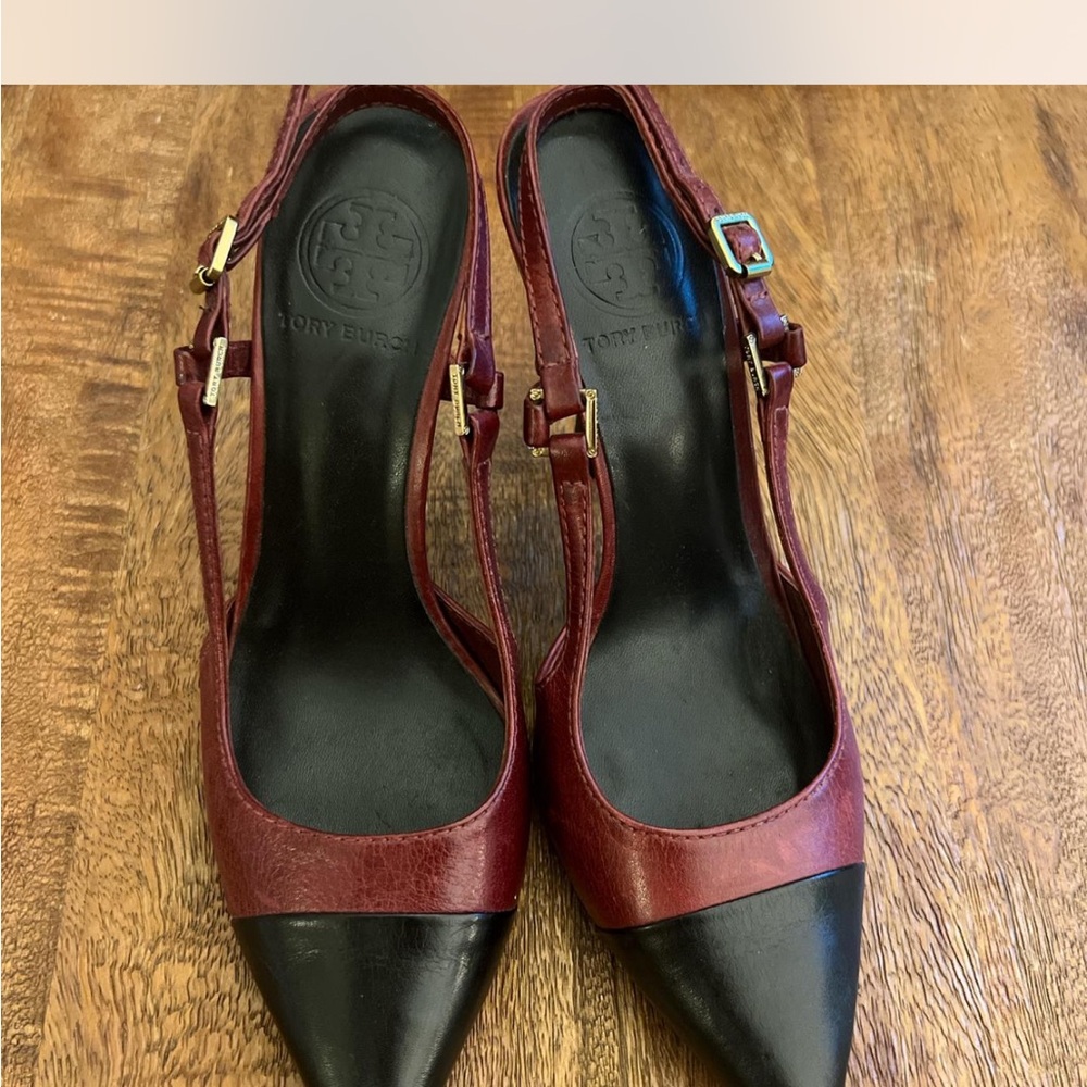 SOLD ON DEPOP  Burch Red Burgundy Captoe Black Heels Slingback Quiet Luxury
